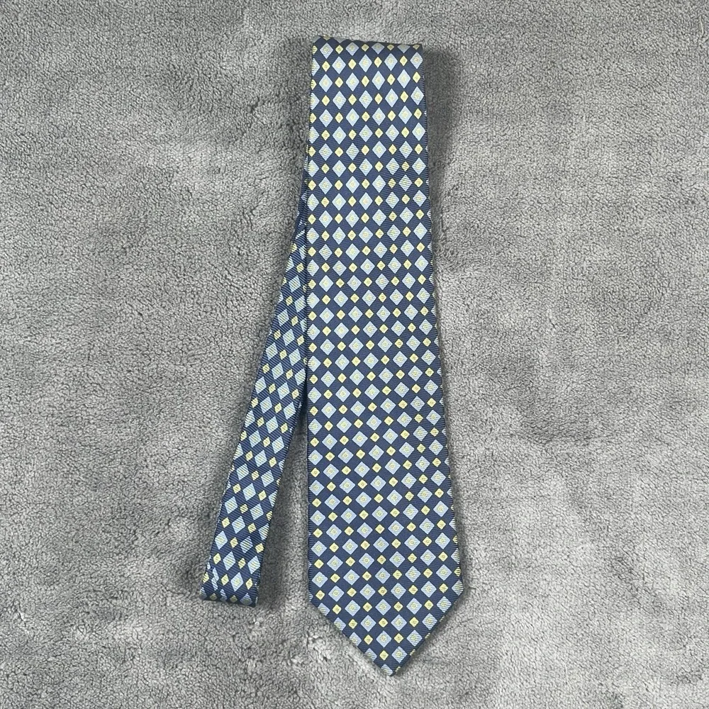 Brooks Brothers Makers Blue Yellow‎ Geometric Handmade Silk Tie Made in USA